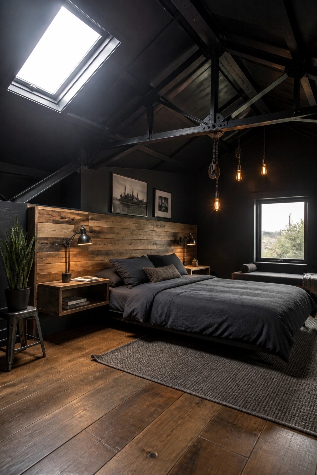 A dark masculine bedroom featuring a large reclaimed wood headboard, black bedding, exposed metal ceiling beams, and industrial pendant lights.