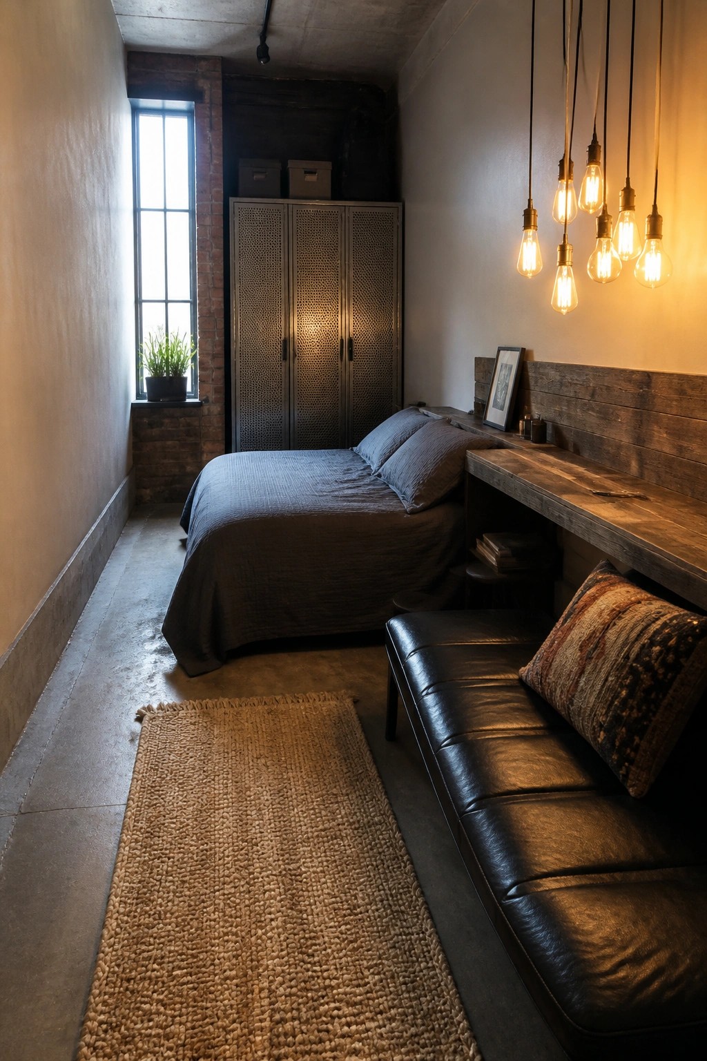 A narrow bedroom with a bed against a brick and concrete wall, a long reclaimed wood ledge running above a black leather bench, a metal cabinet, and hanging Edison bulb lights.