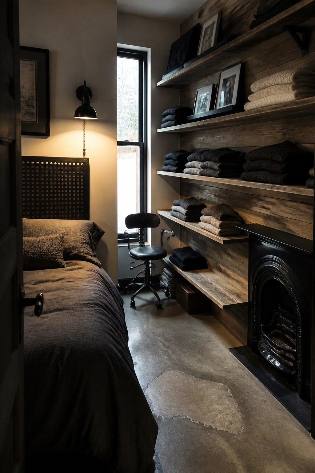 A narrow bedroom featuring a bed with dark bedding, a wall of reclaimed wood open shelving holding folded linens and framed photos, a black fireplace, and a concrete floor.