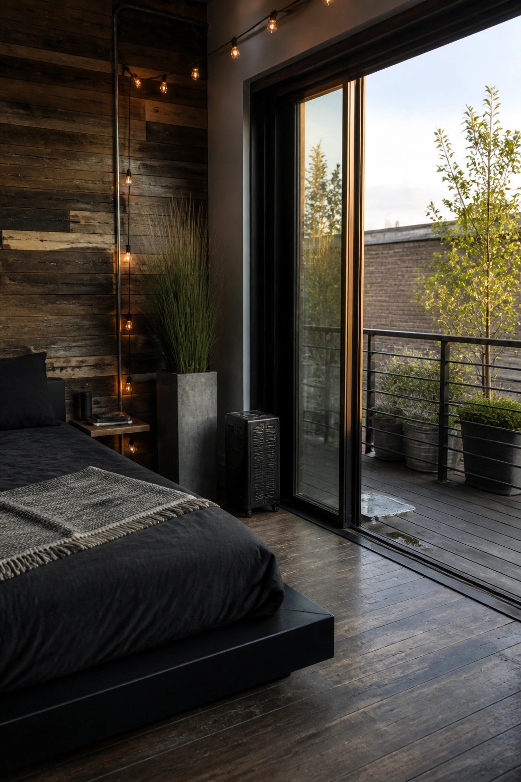 A dark bedroom with a reclaimed wood accent wall, black platform bed, metal pipe string lights, and a large sliding glass door opening to a balcony.