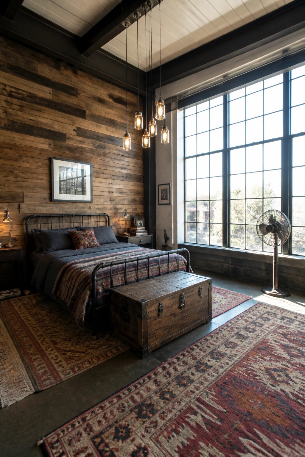A masculine industrial bedroom featuring a reclaimed wood accent wall, black metal bed frame, hanging Edison bulb lights, and large multi-pane windows.