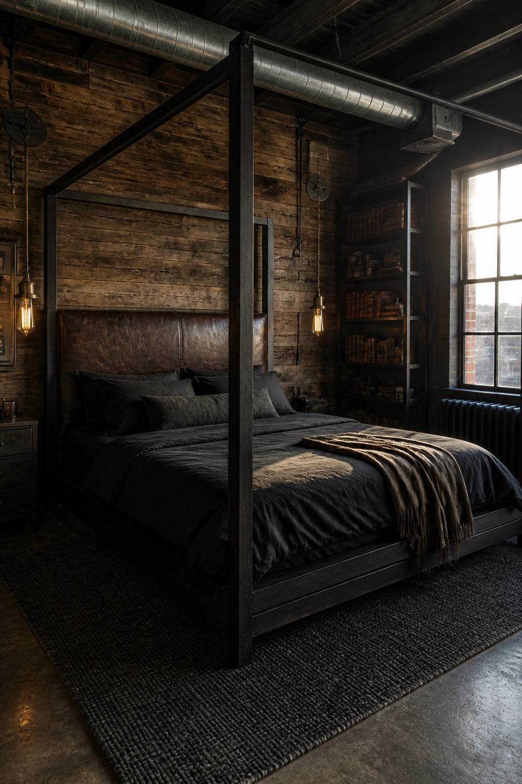 A dark masculine bedroom with a black four-poster bed against reclaimed wood walls, exposed metal ductwork overhead, and a large window on the right side.
