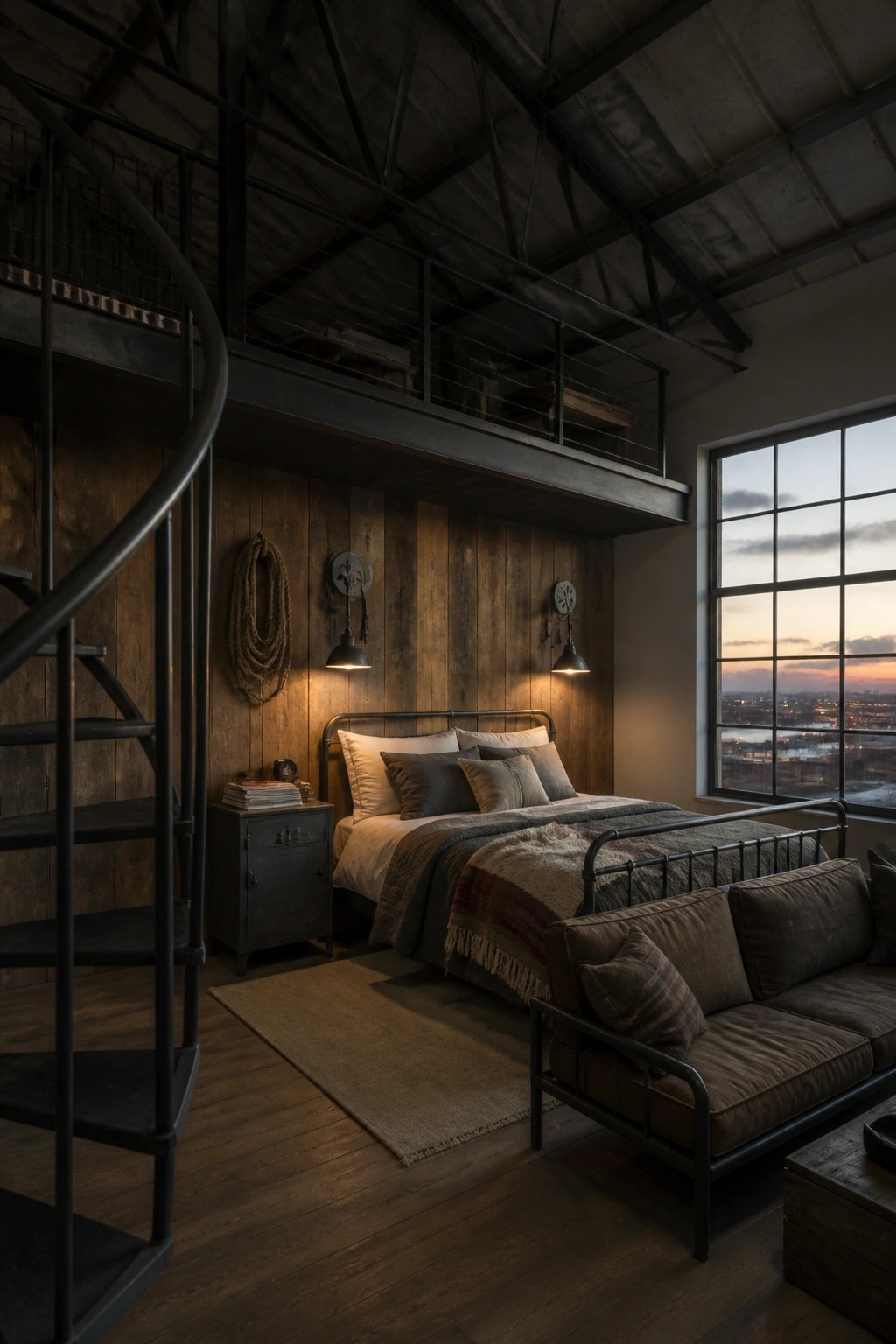 Industrial bedroom with reclaimed wood accent wall, black metal bed frame, spiral staircase, and large window at dusk.