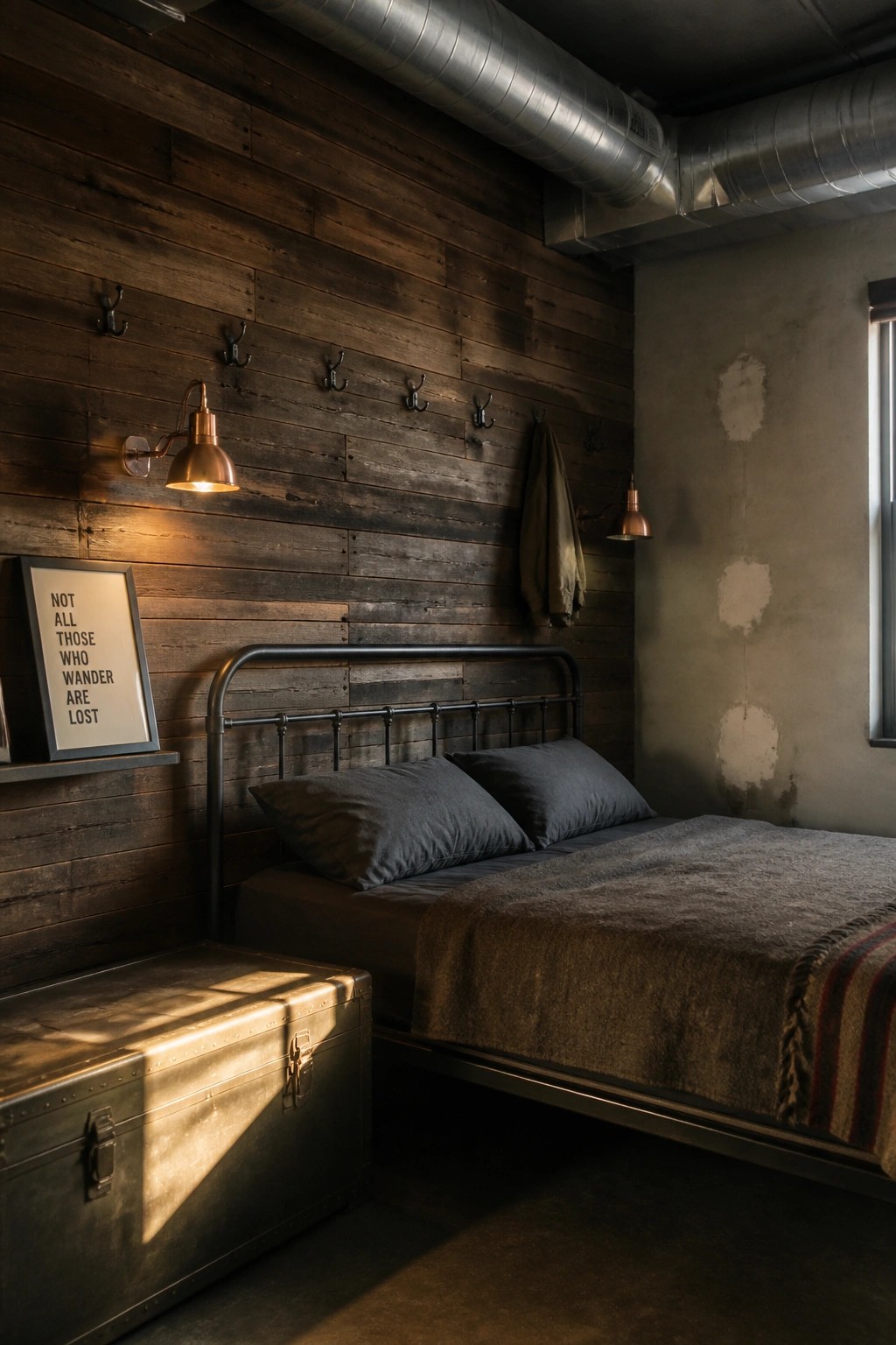 A bedroom featuring a dark reclaimed wood accent wall with metal hooks and sconces, a black metal bed frame with gray bedding, and a metal trunk positioned at the foot of the bed.