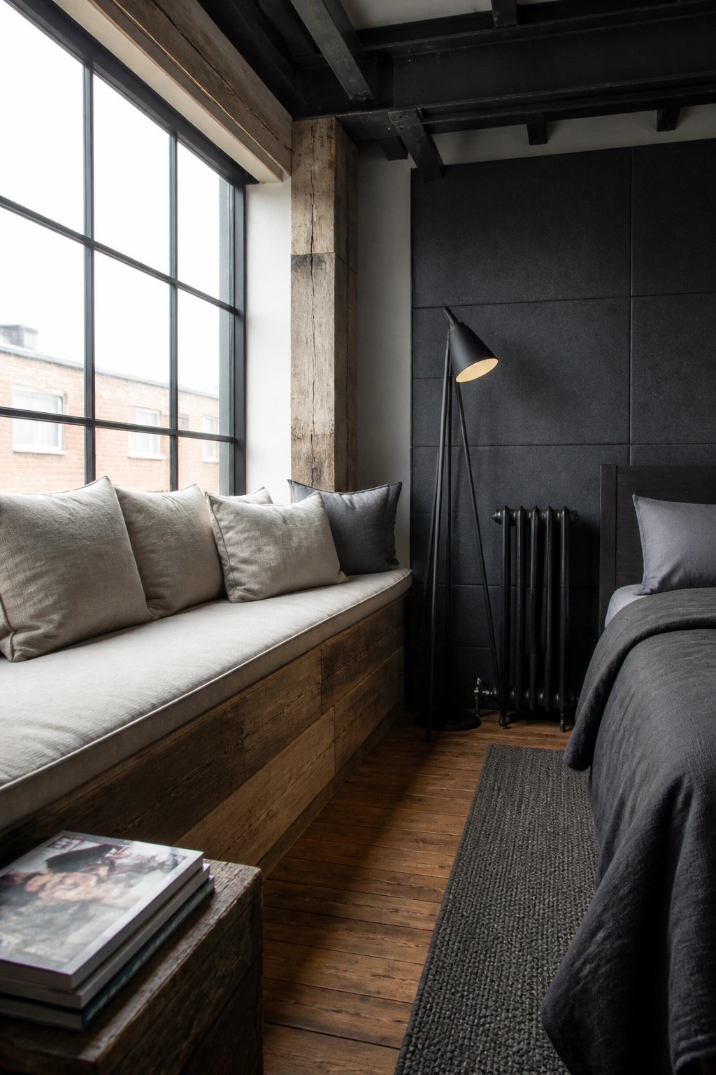 Modern dark bedroom with wooden window seat, black walls, floor lamp and gray bedding.
