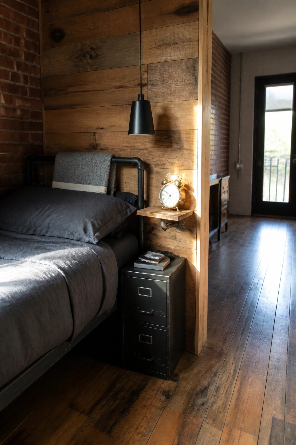 A bedroom featuring a reclaimed wood accent wall, metal pipe bed frame, metal filing cabinet nightstand, and black pendant light.