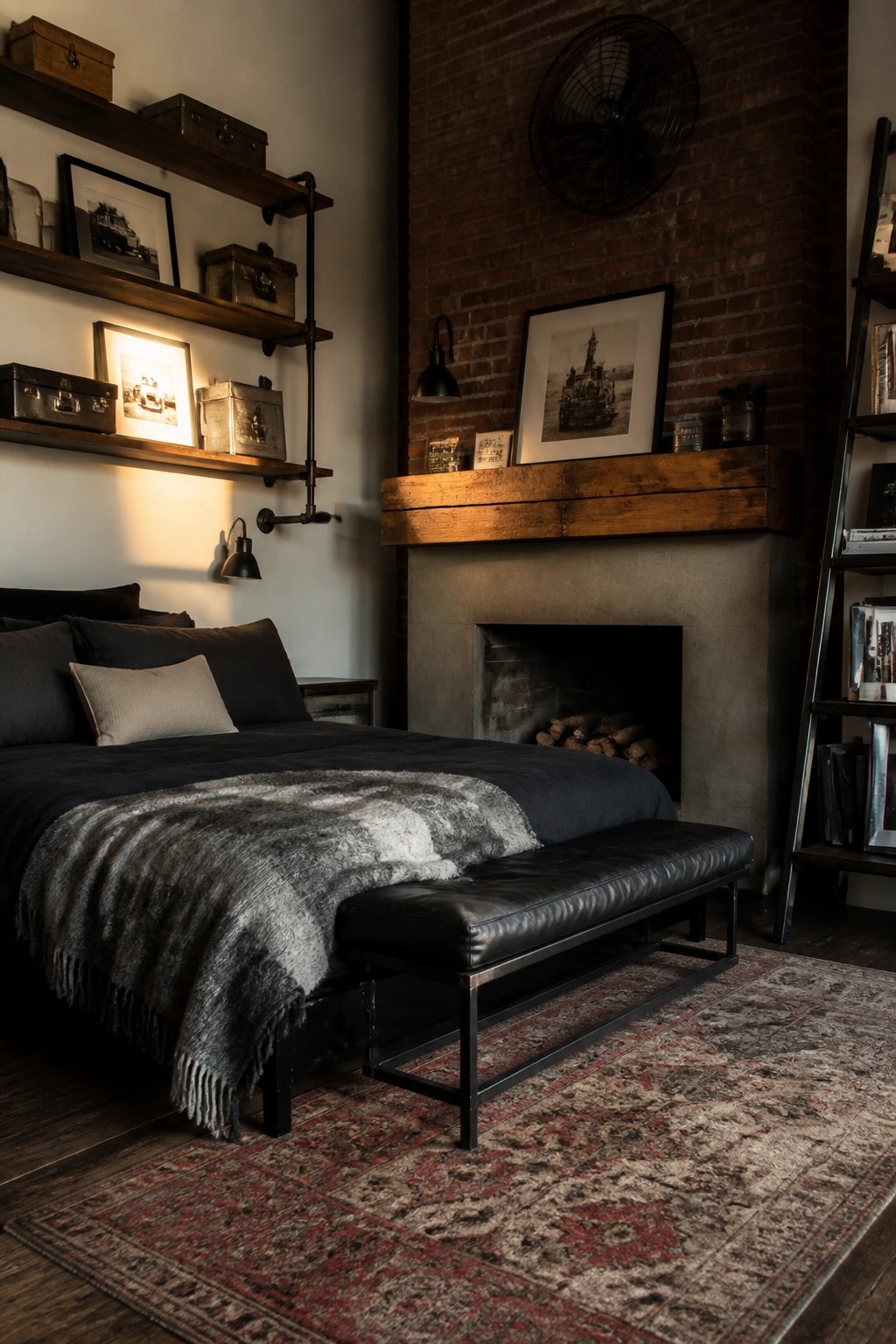 A dark masculine bedroom featuring a bed with black bedding, a black leather bench at the foot, a brick fireplace with reclaimed wood mantel, and wooden shelves mounted on exposed metal pipes.