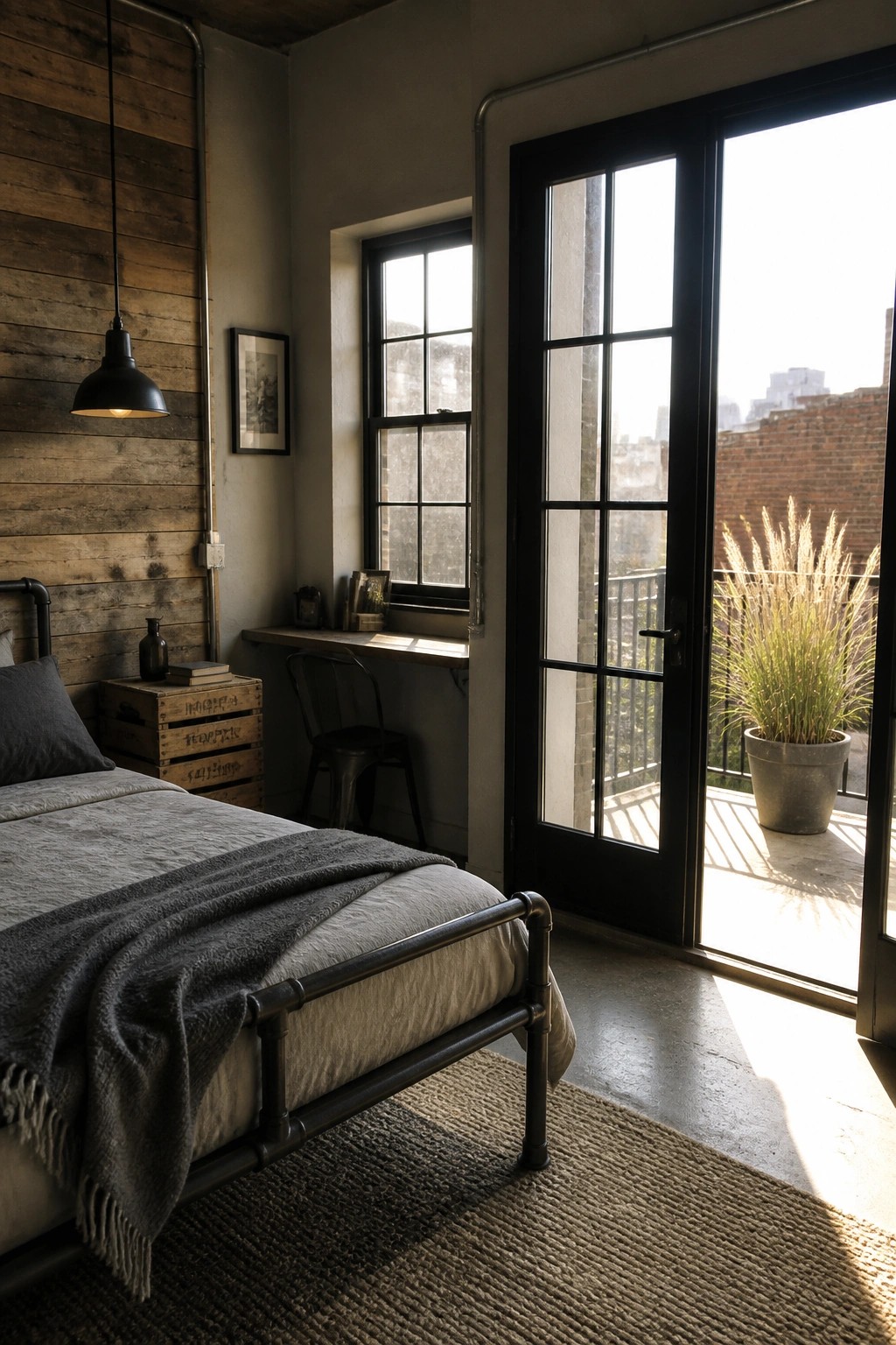 A bedroom with a reclaimed wood wall, metal pipe bed frame, black pendant light, and open glass doors to a balcony.