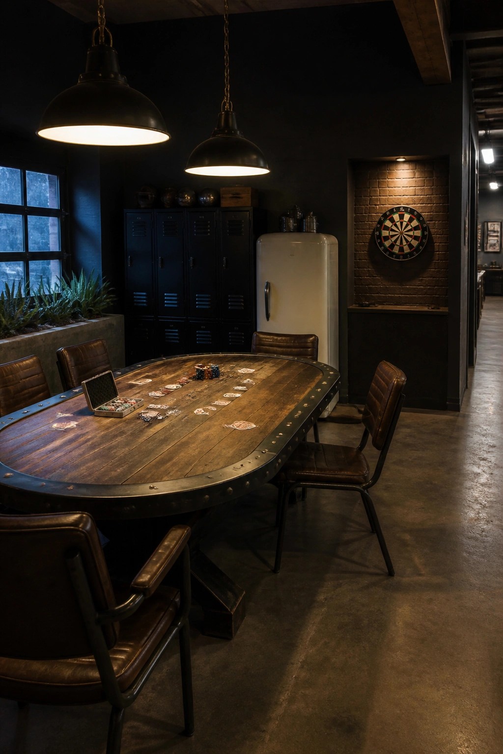 A large wooden poker table with metal edging sits in a dark industrial room, surrounded by brown leather chairs, with black lockers and a dartboard visible in the background.