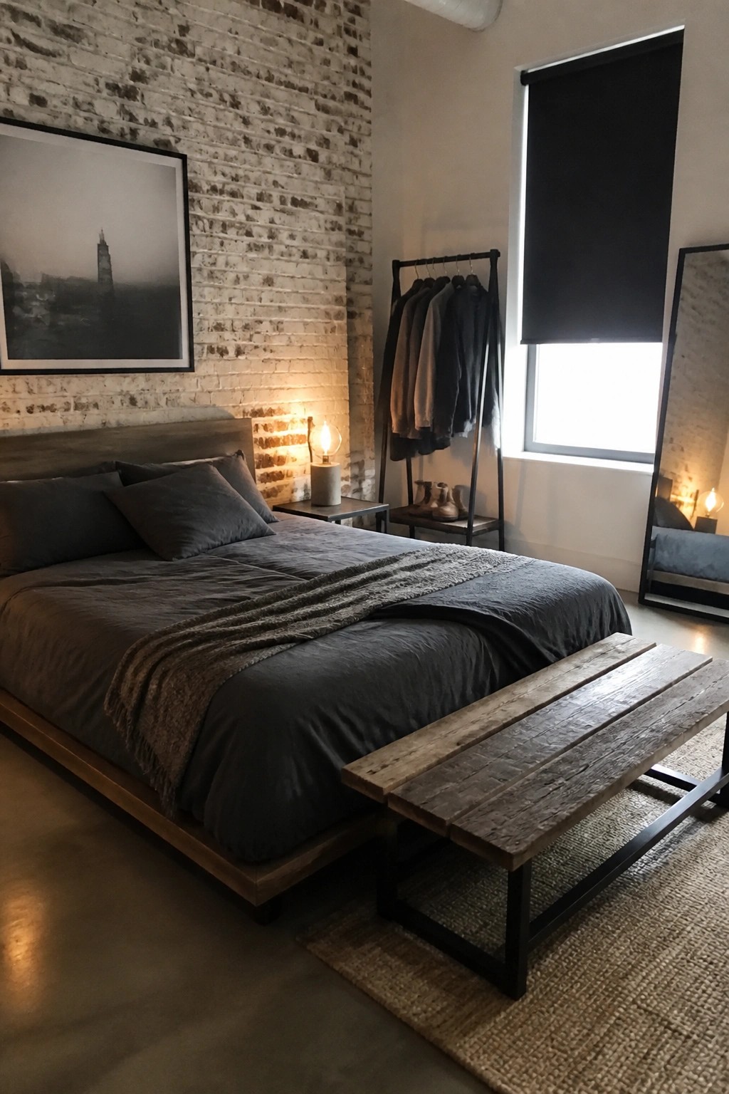 A bedroom featuring an exposed brick wall, a wooden platform bed with dark gray bedding, a metal clothing rack, and a wooden bench on a jute rug.