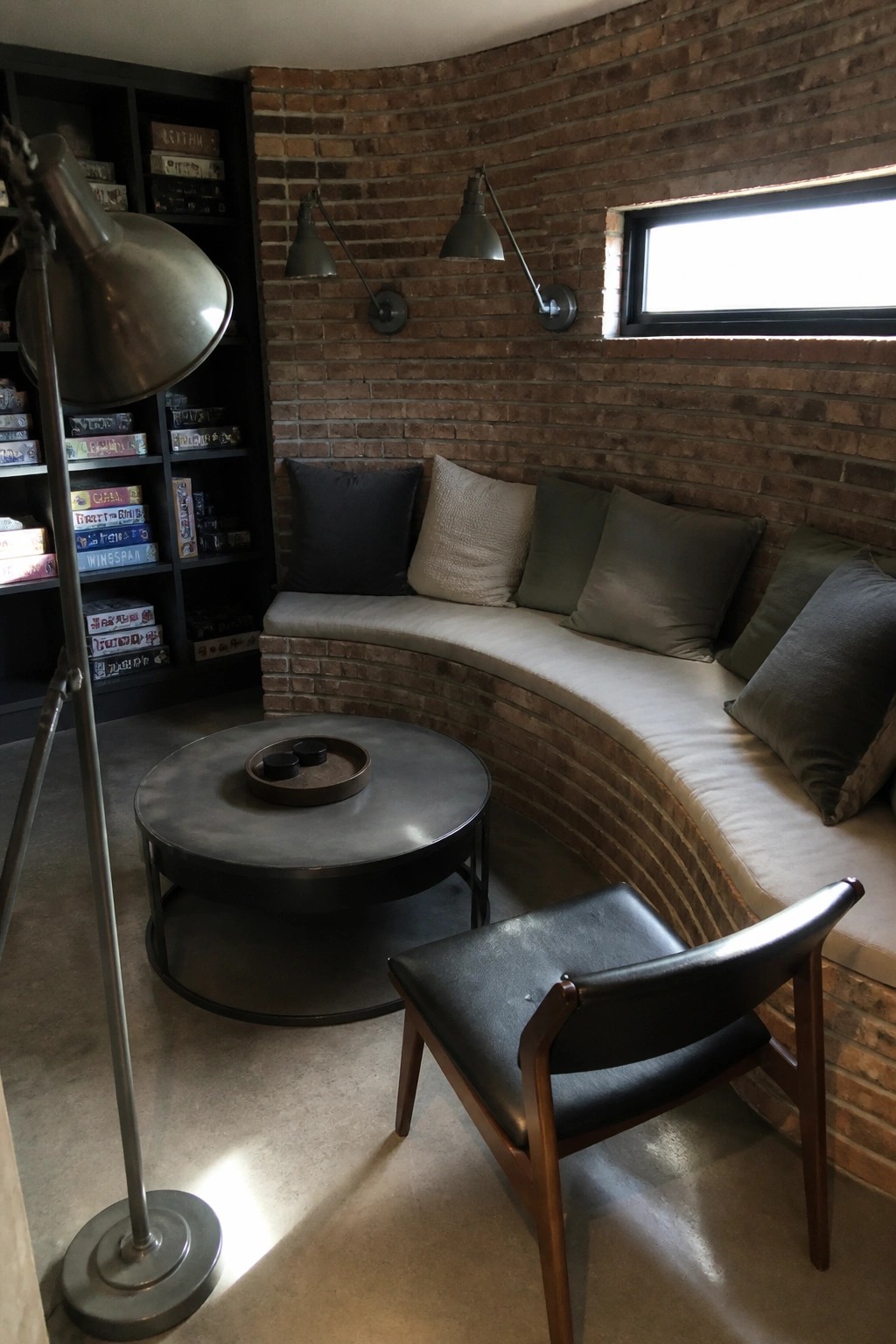 A curved built-in bench with cushions lines an exposed brick wall next to dark bookshelves and a round metal coffee table.