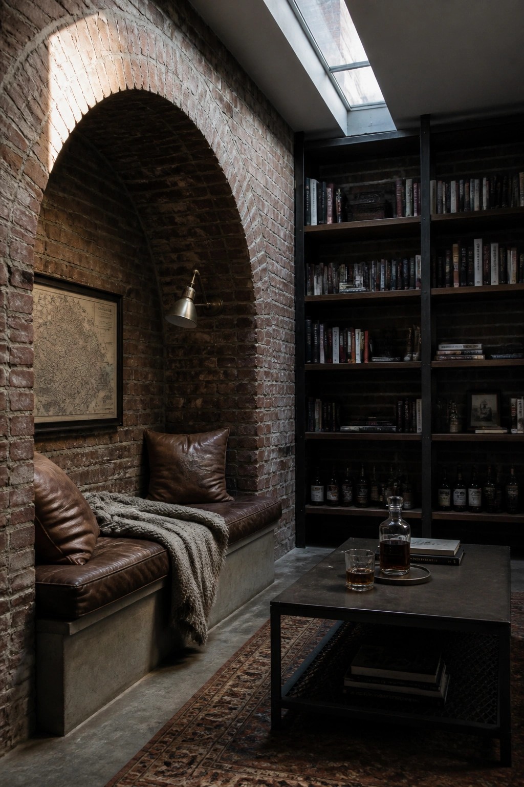 Interior view of a brick arch alcove with built-in brown leather bench seating, a wall sconce, and a framed map, beside tall black metal bookshelves stocked with books and bottles.