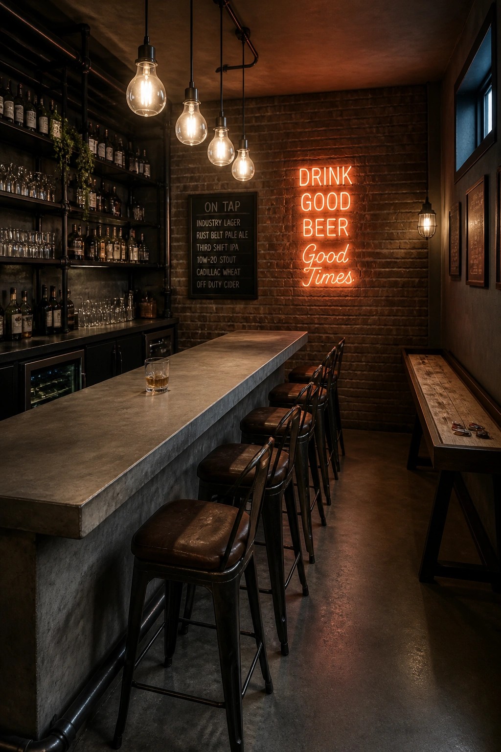 A long concrete bar counter with dark metal stools lined up in front of an exposed brick wall, hanging industrial lights, and a neon sign.