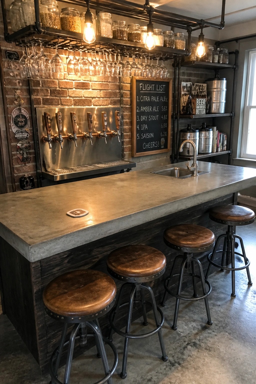 A long concrete bar counter with four beer taps on a brick wall, three brown leather stools in front, and hanging glassware above.