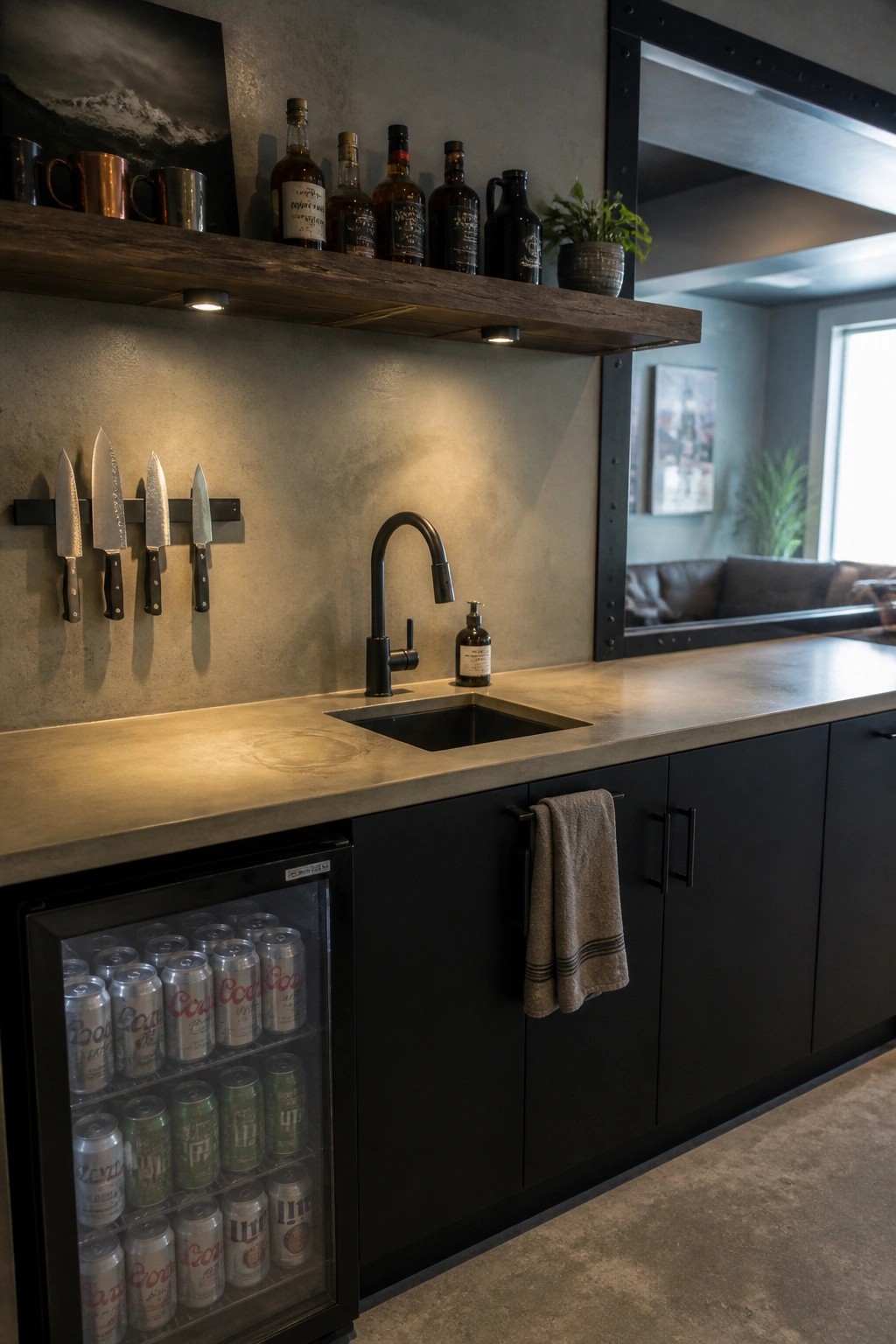 Modern bar with beverage fridge, black sink, concrete counter, and wooden liquor shelf