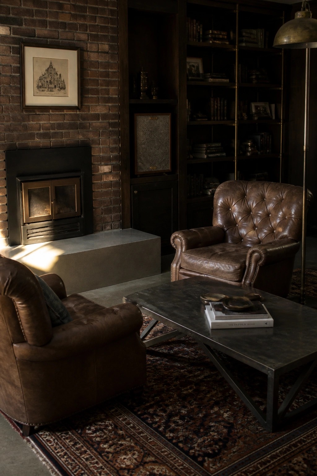 A room with exposed brick walls, a black fireplace set into a concrete hearth, two brown leather armchairs, a dark metal coffee table, and built-in bookshelves.