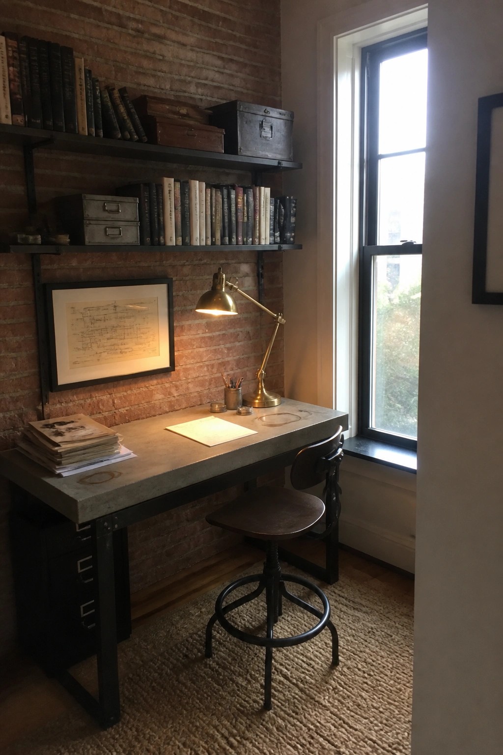 A concrete-top desk with black metal frame and legs sits against an exposed brick wall, with a wooden stool, brass task lamp, and wall shelves holding books and boxes.