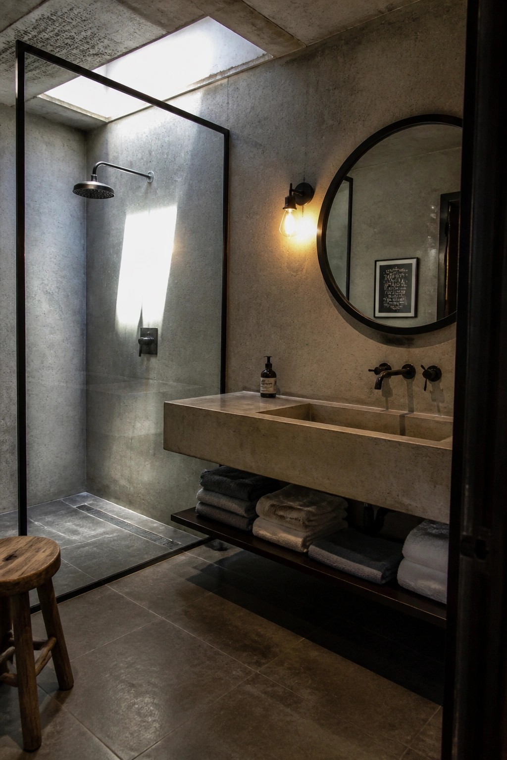 Industrial bathroom with concrete walls and floor, a floating concrete sink vanity, round mirror, and glass-enclosed shower.