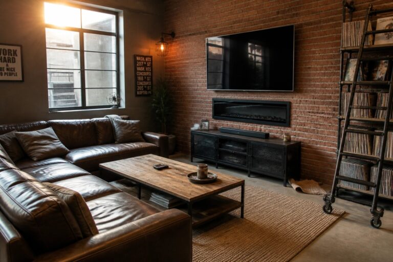 23 Industrial Man Cave Ideas in Exposed Brick, Steel, and Concrete Industrial living room with leather sofas, rustic table, brick wall TV, and record shelves.