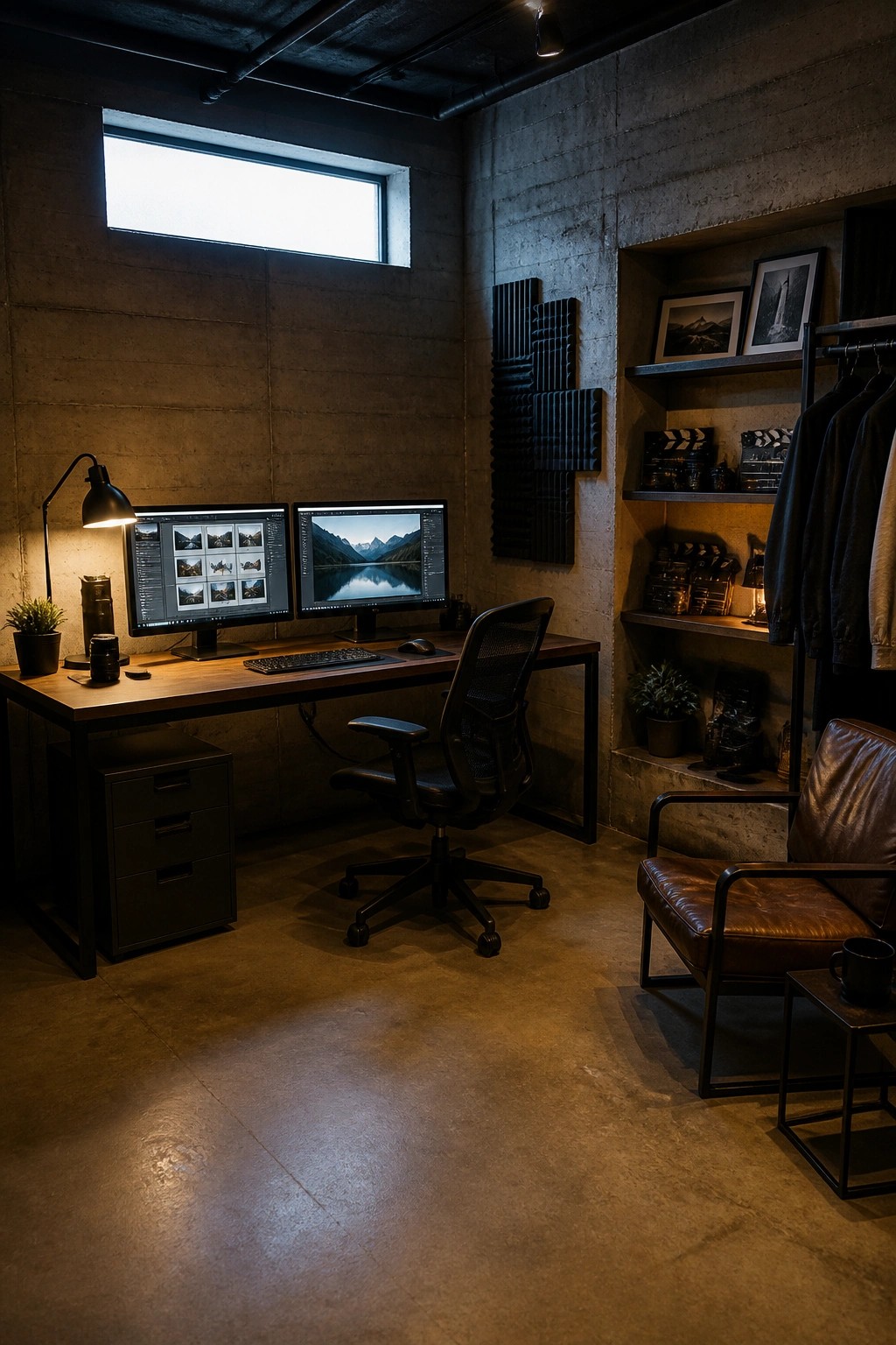 Modern concrete office with dual monitors, black chair, leather armchair, and film props