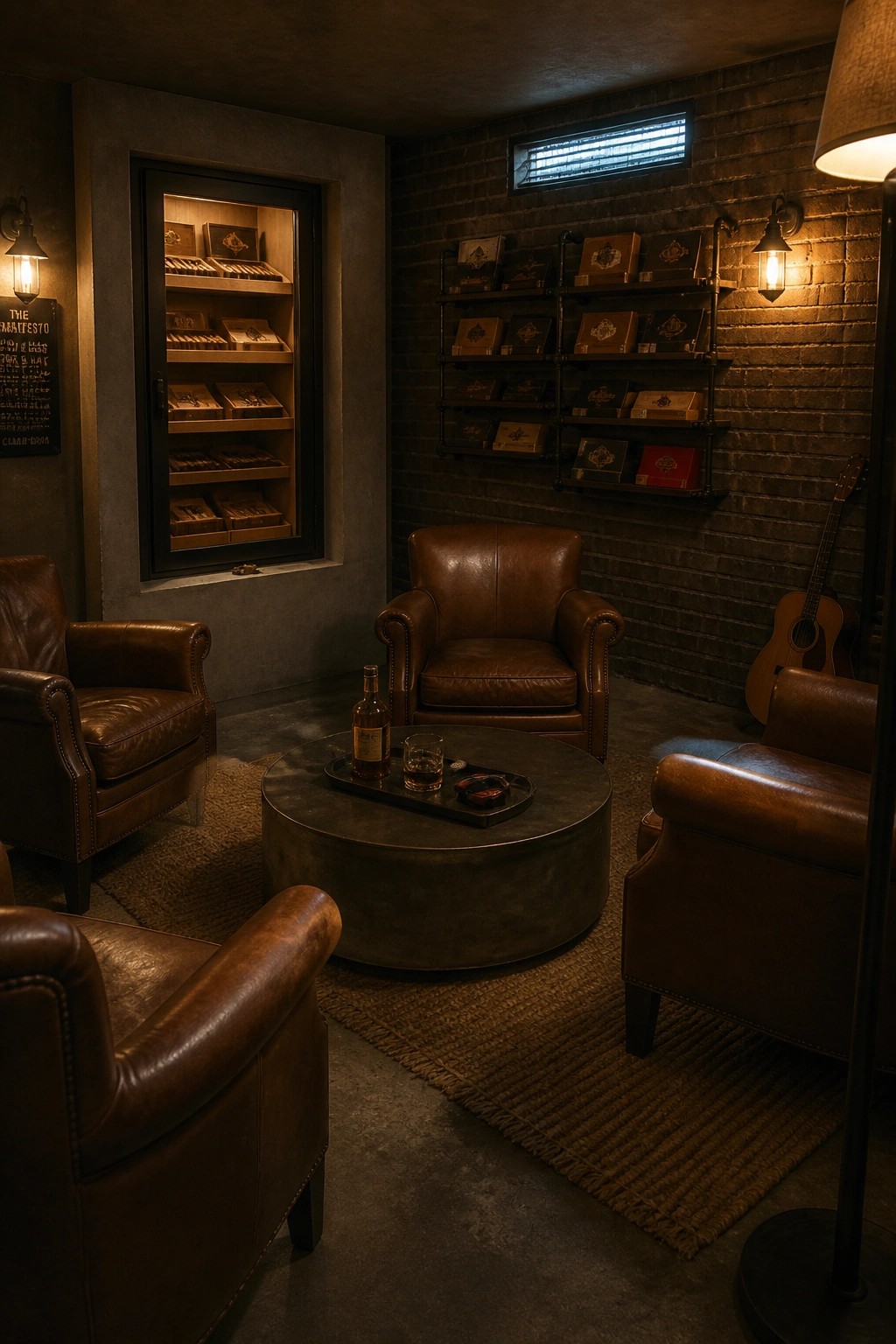 A dimly lit lounge with four brown leather armchairs around a round concrete coffee table, set against an exposed brick wall fitted with black metal shelving holding boxes and a guitar leaning nearby.