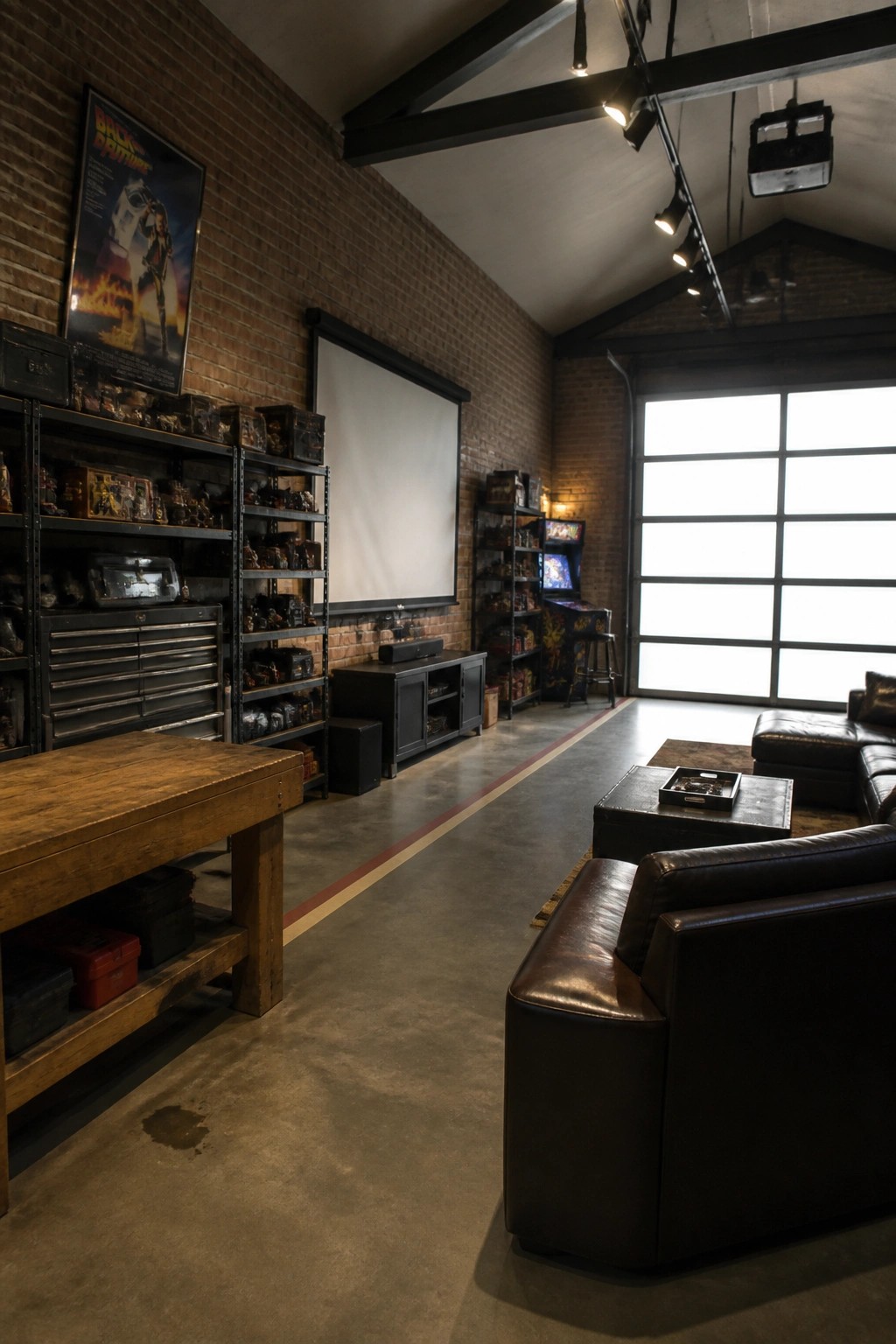 Industrial loft with brick walls, leather sofas, collectible shelves, and projector screen