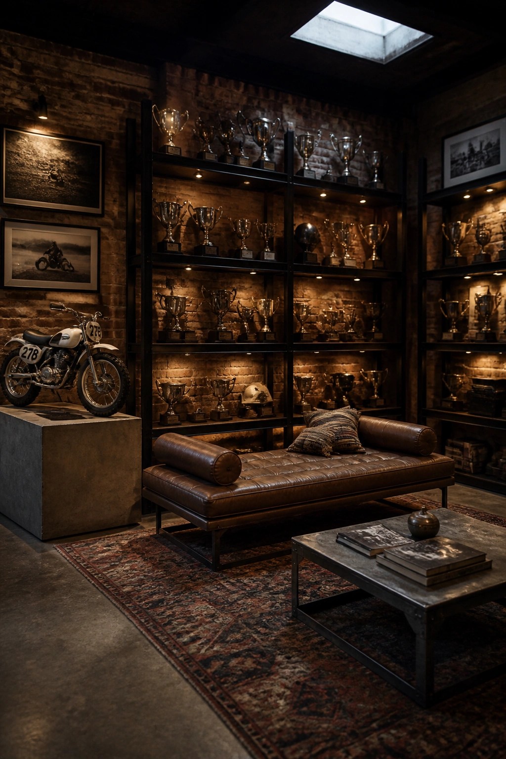 An industrial interior with exposed brick walls, black metal shelving units displaying numerous trophies, a brown leather daybed on a patterned rug, a vintage motorcycle on a concrete base, and framed black and white photos.
