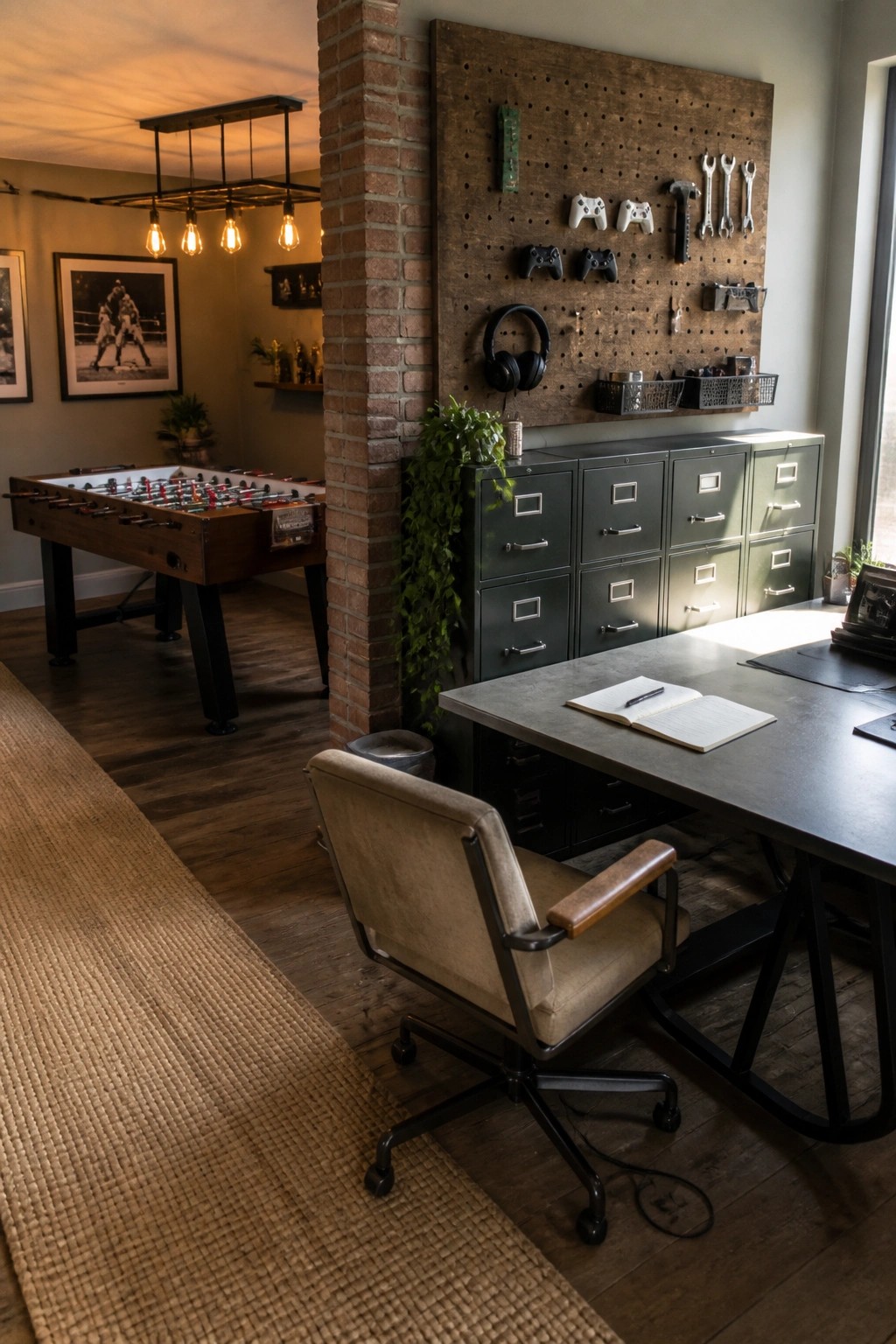 An industrial home office with a large wooden pegboard mounted above gray metal filing cabinets, holding game controllers, headphones, tools, and baskets, next to a concrete desk and exposed brick pillar with a foosball table in the background.