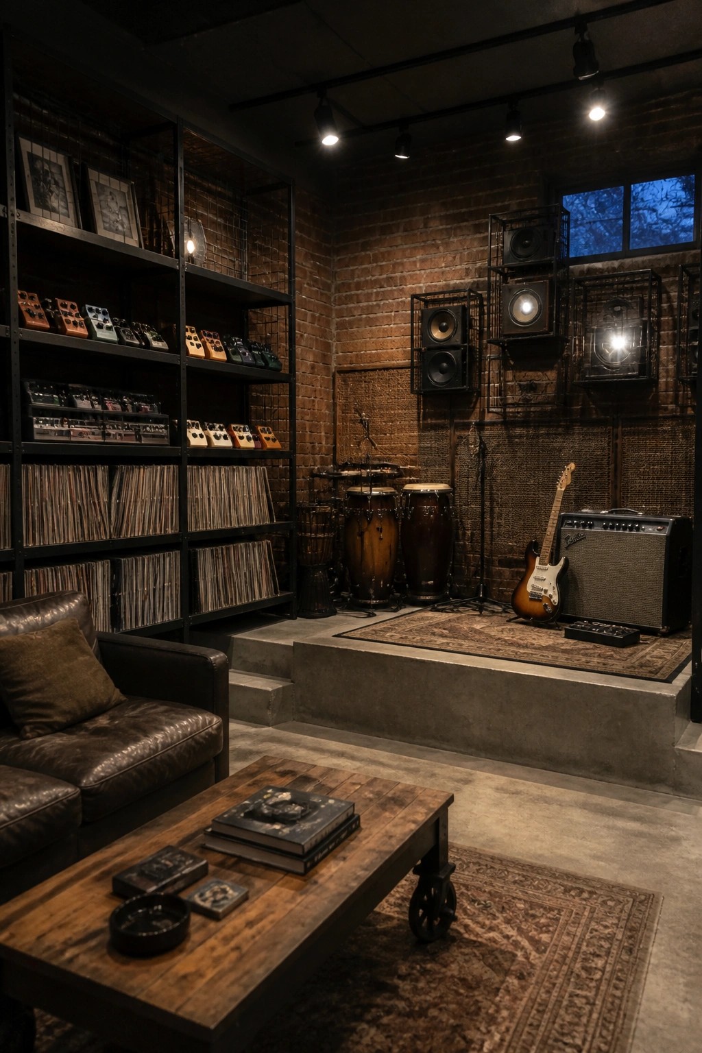 An industrial man cave interior with exposed brick walls, black metal shelving holding vinyl records and guitar pedals, a brown leather sofa, a wooden coffee table, and a raised concrete platform displaying drums, a guitar, and an amplifier.