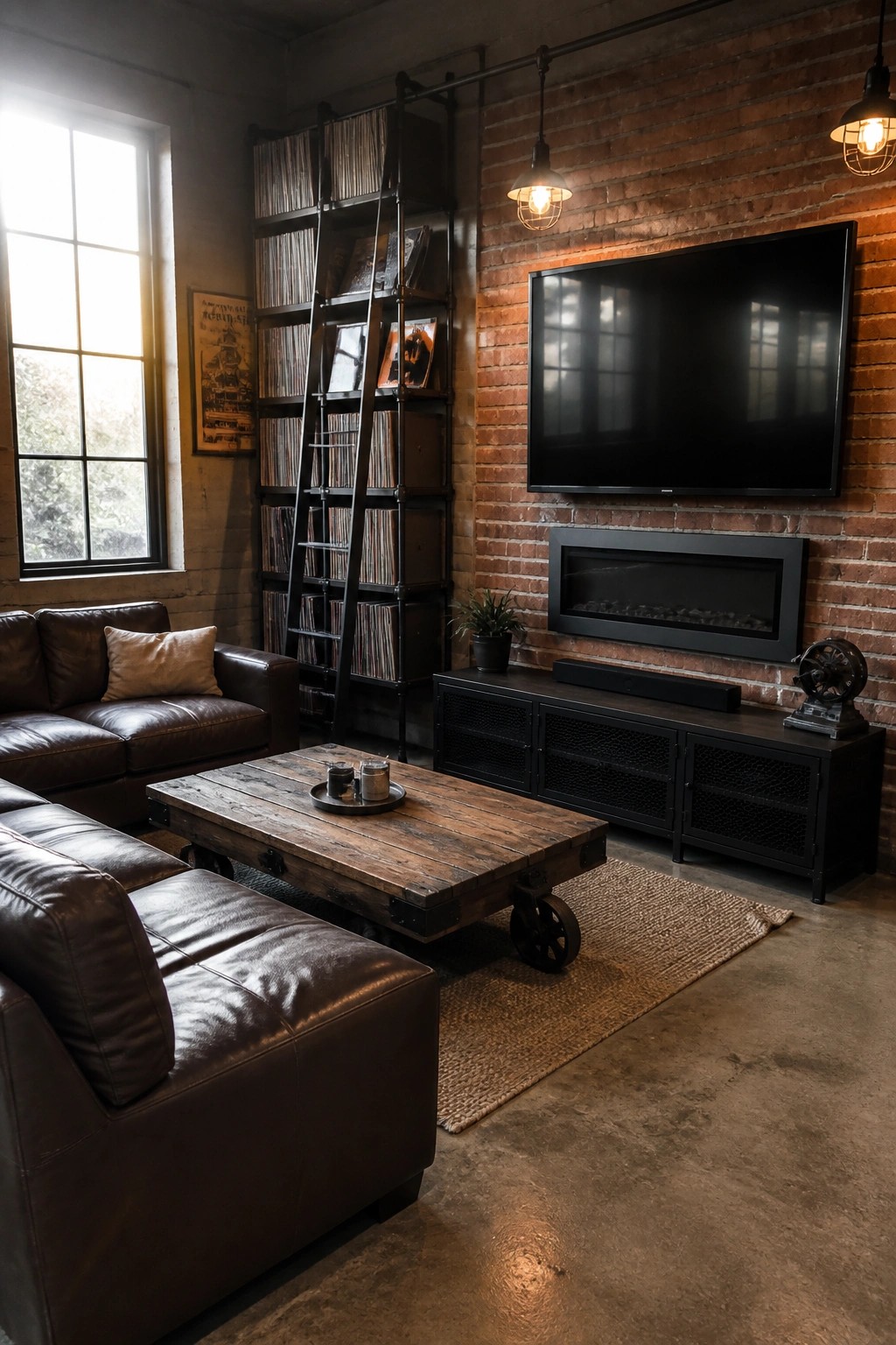 Industrial living room with leather sofas, rustic table, brick wall TV, and record shelves.