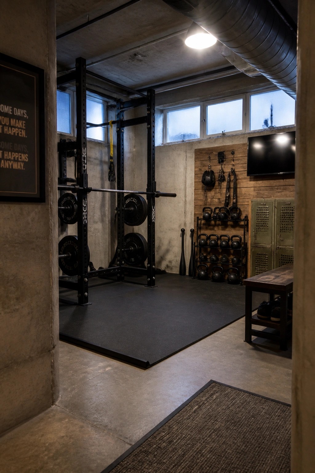 An industrial home gym with a black power rack, barbells, kettlebells on racks, and a large black rubber mat covering part of the concrete floor.