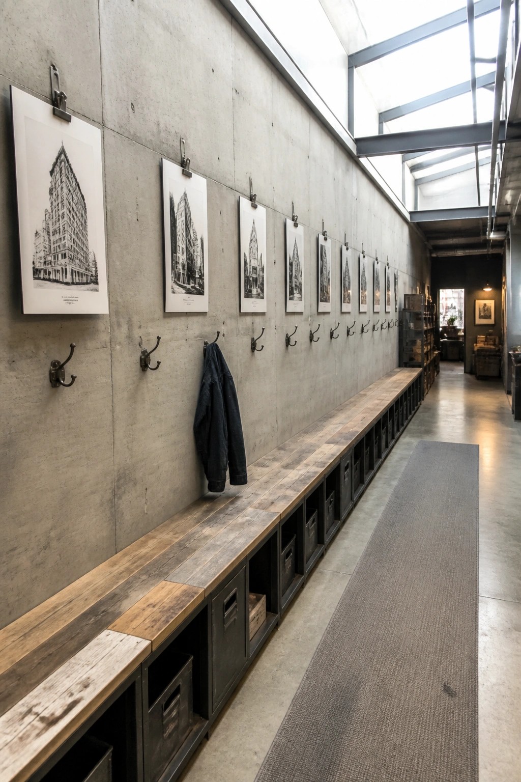 A long indoor hallway with a reclaimed wood and metal storage bench running along a concrete wall, black hooks above, and several black and white prints clipped to the wall.