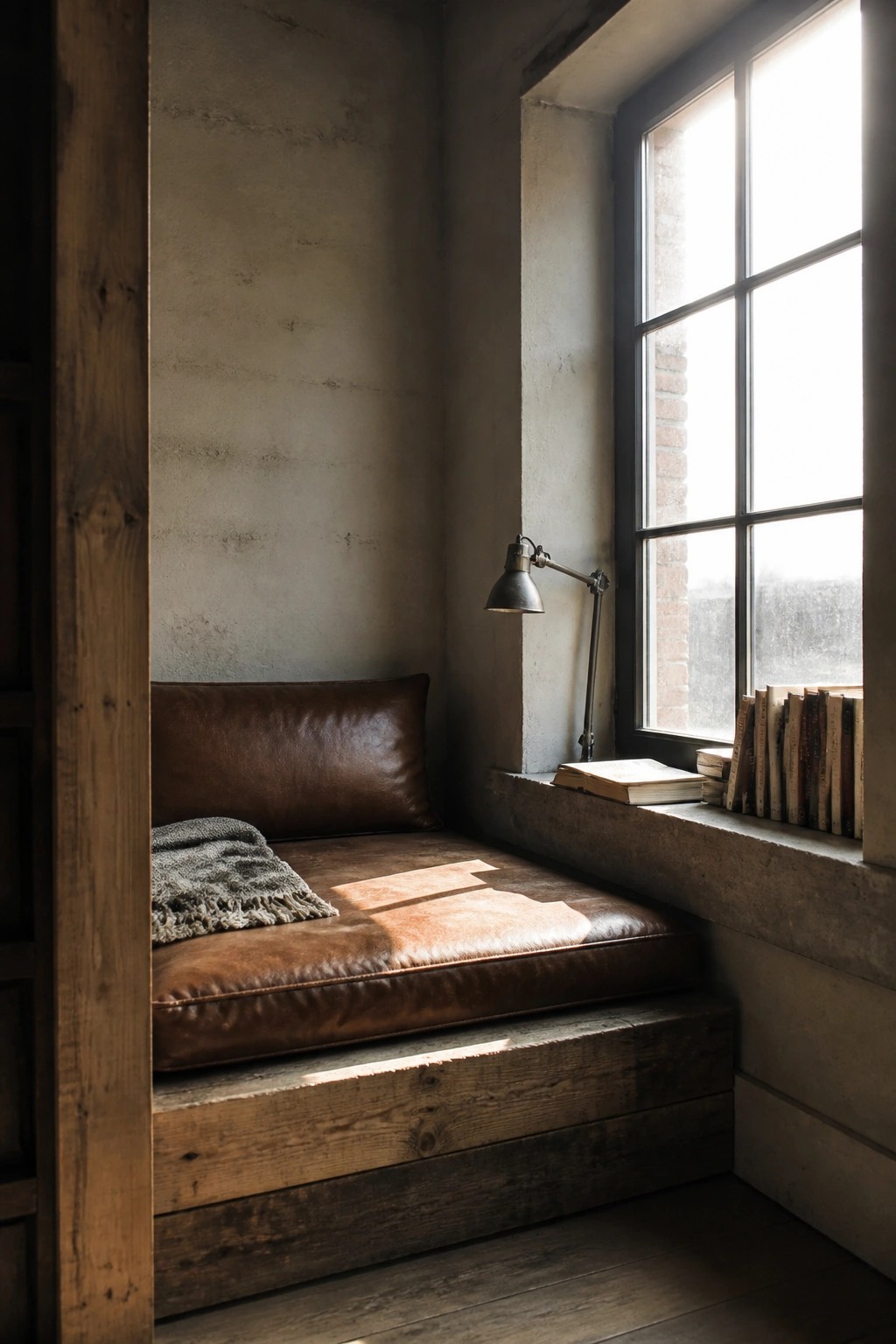 Sunlit reading nook with brown leather cushion, gray throw, books, and desk lamp