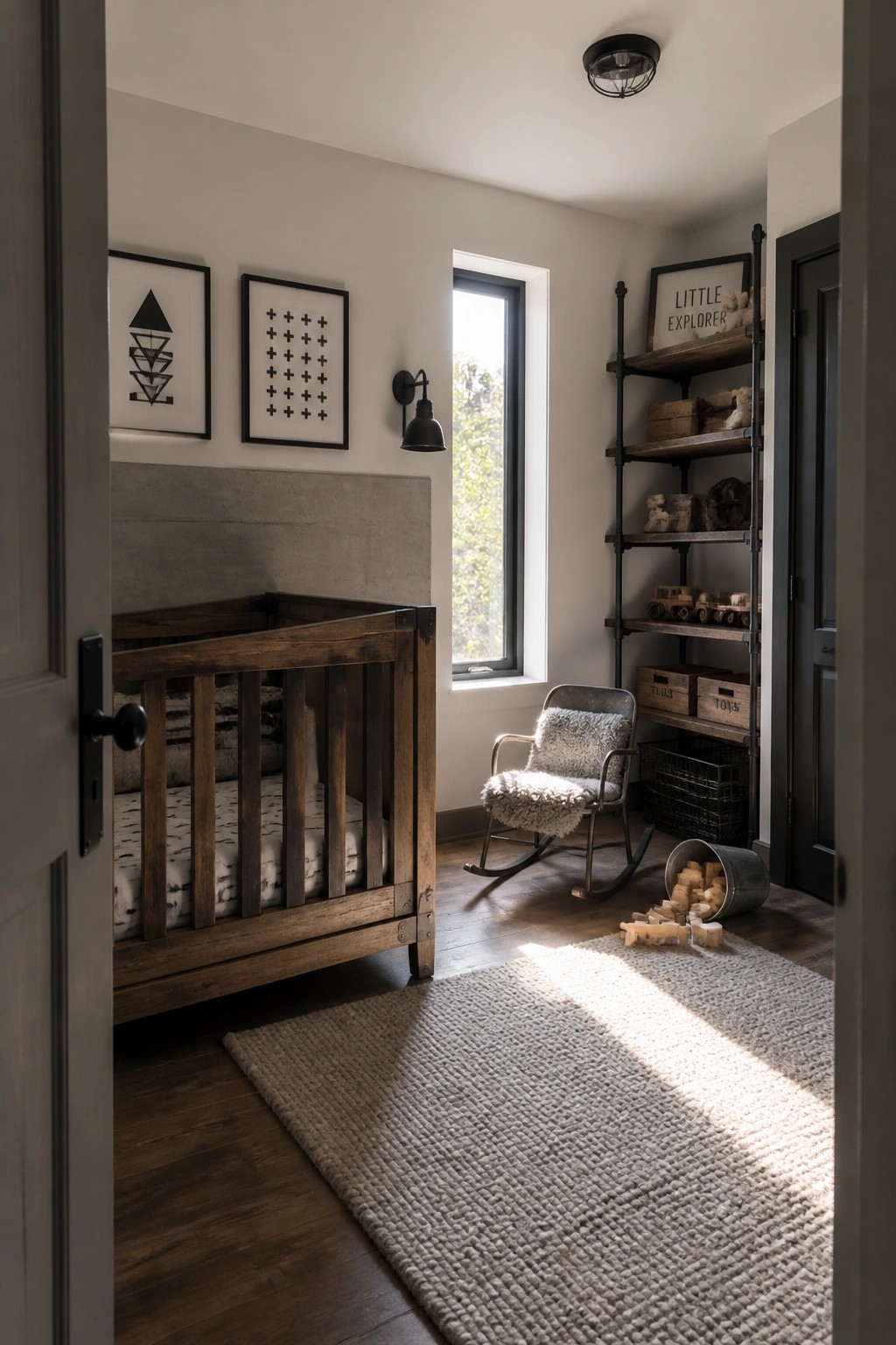 A nursery interior with a wooden crib against a concrete accent wall, metal shelving holding toys and boxes, a rocking chair, and a woven rug on dark wood flooring.