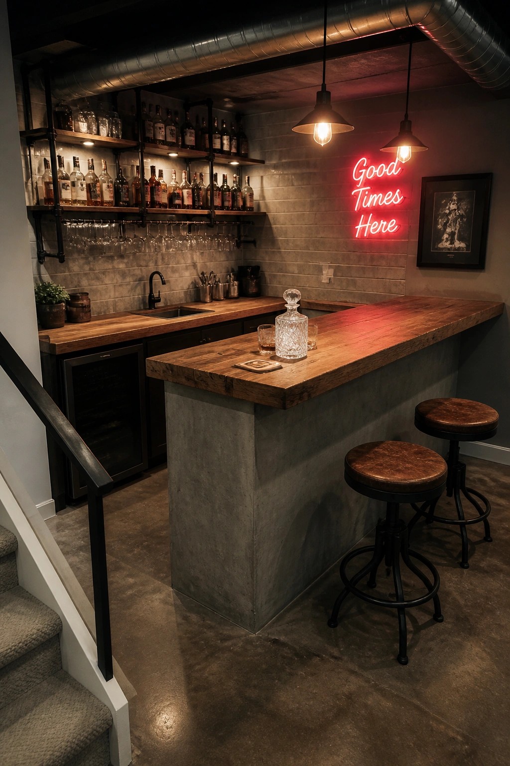 An indoor bar with a concrete base, thick reclaimed wood countertop, black metal pipe shelving stocked with bottles and glassware, two round leather stools, and a red neon sign on the wall.