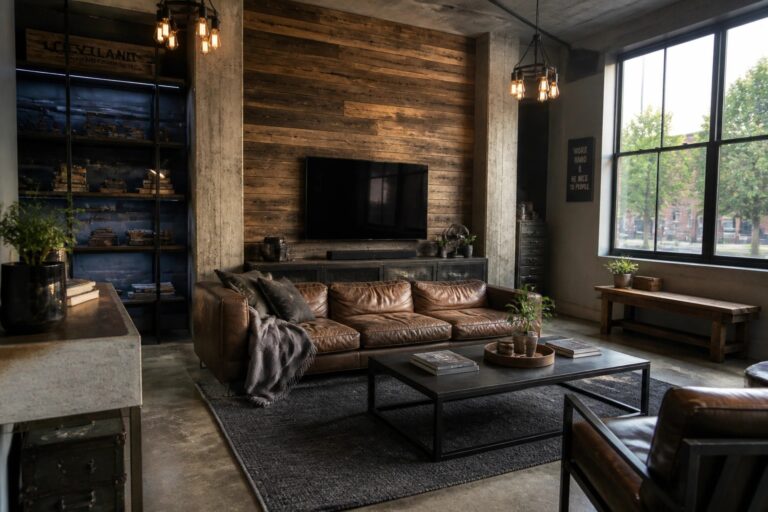 A living room featuring a large reclaimed wood accent wall with a mounted TV, brown leather sofa, concrete pillars, metal coffee table, and industrial pendant lights.
