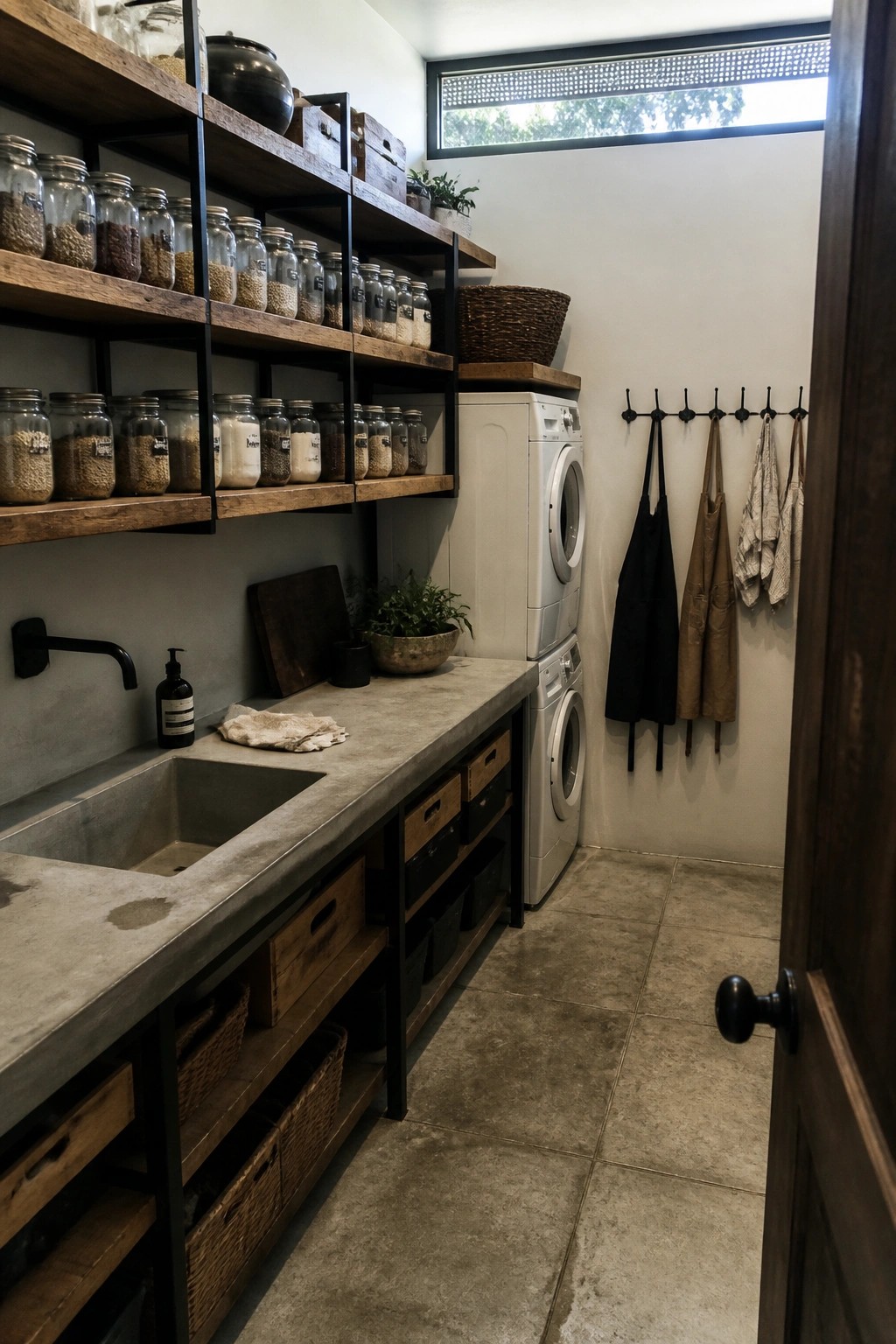 Rustic utility room with jar-lined shelves, concrete sink, washer, and hanging aprons.