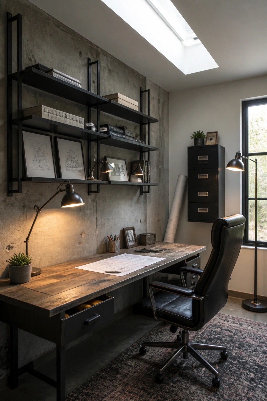 A home office with a reclaimed wood desk, black metal open shelves on a concrete wall, a black leather chair, and natural light from a skylight and window.