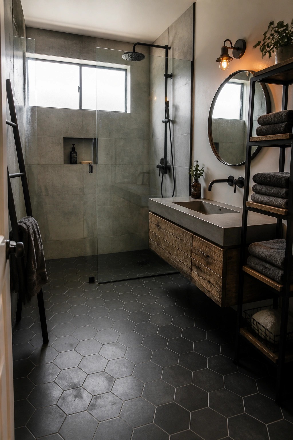 Modern bathroom with dark hexagonal tiles, concrete vanity, round mirror, and black shower fixtures