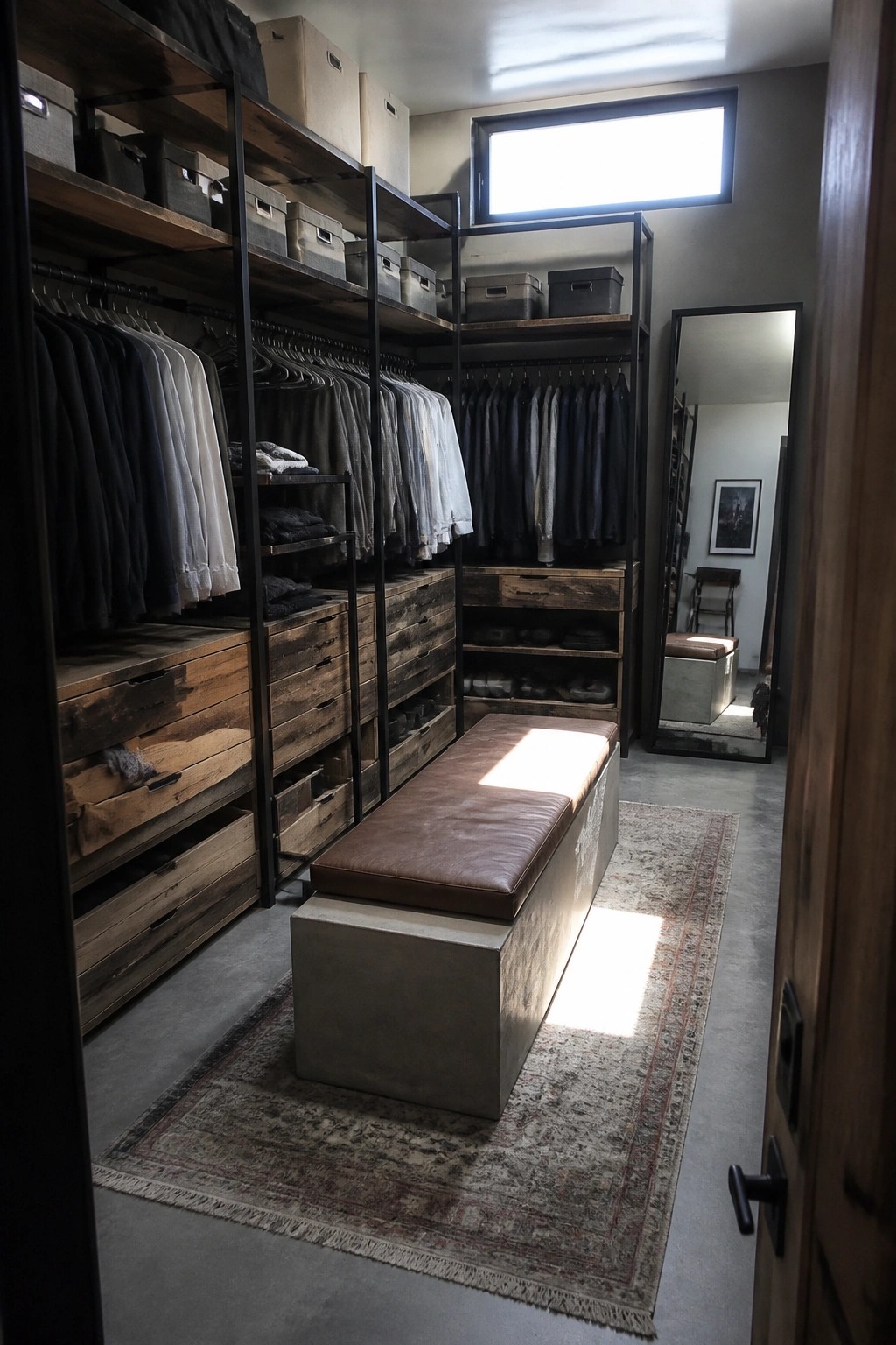 A walk-in closet with reclaimed wood drawers, metal shelving frames, hanging rods, storage bins, and a long central concrete bench topped with brown leather.