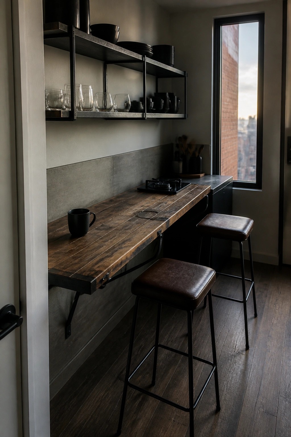 A reclaimed wood counter mounted on metal brackets against a concrete wall, with two brown leather stools and open black metal shelves above holding glassware and dishes.