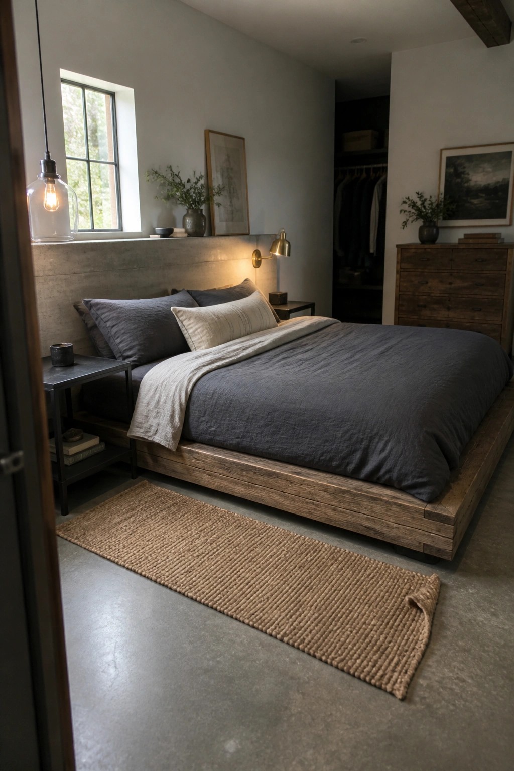 A bedroom featuring a low reclaimed wood platform bed with dark gray bedding against a concrete wall, flanked by metal nightstands and a hanging glass pendant light.