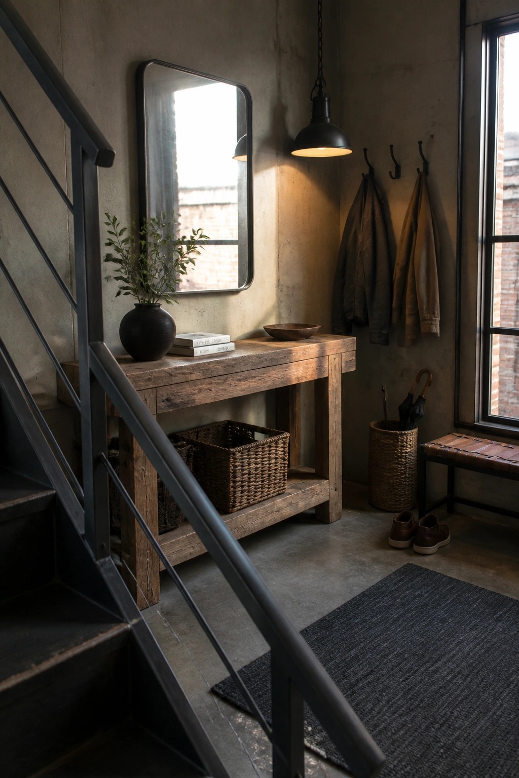 A reclaimed wood console table with woven storage baskets underneath sits against a concrete wall in an industrial entryway next to a metal staircase.