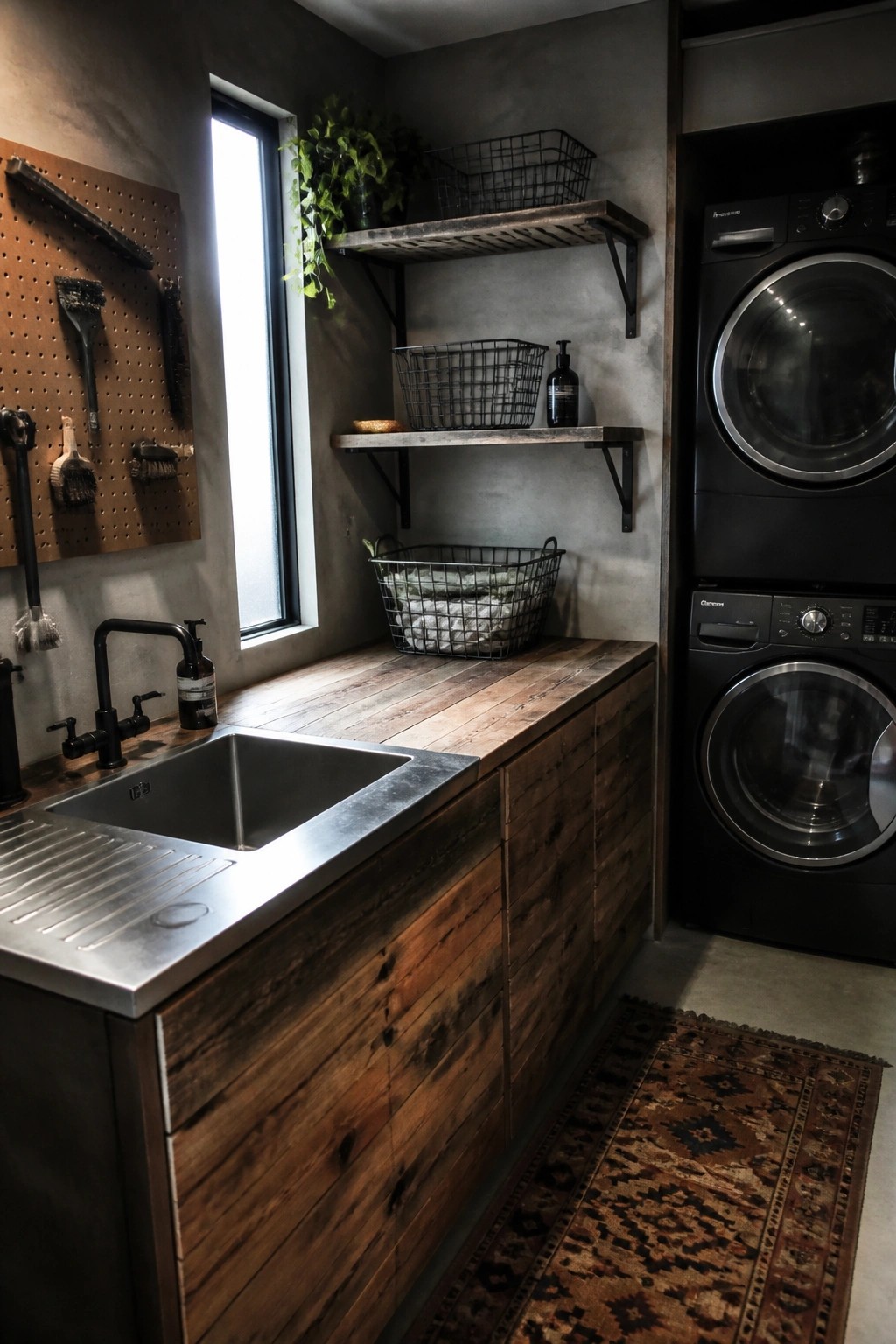 Rustic laundry room with wood counter, sink, wire basket shelves, pegboard tools, stacked washer dryer