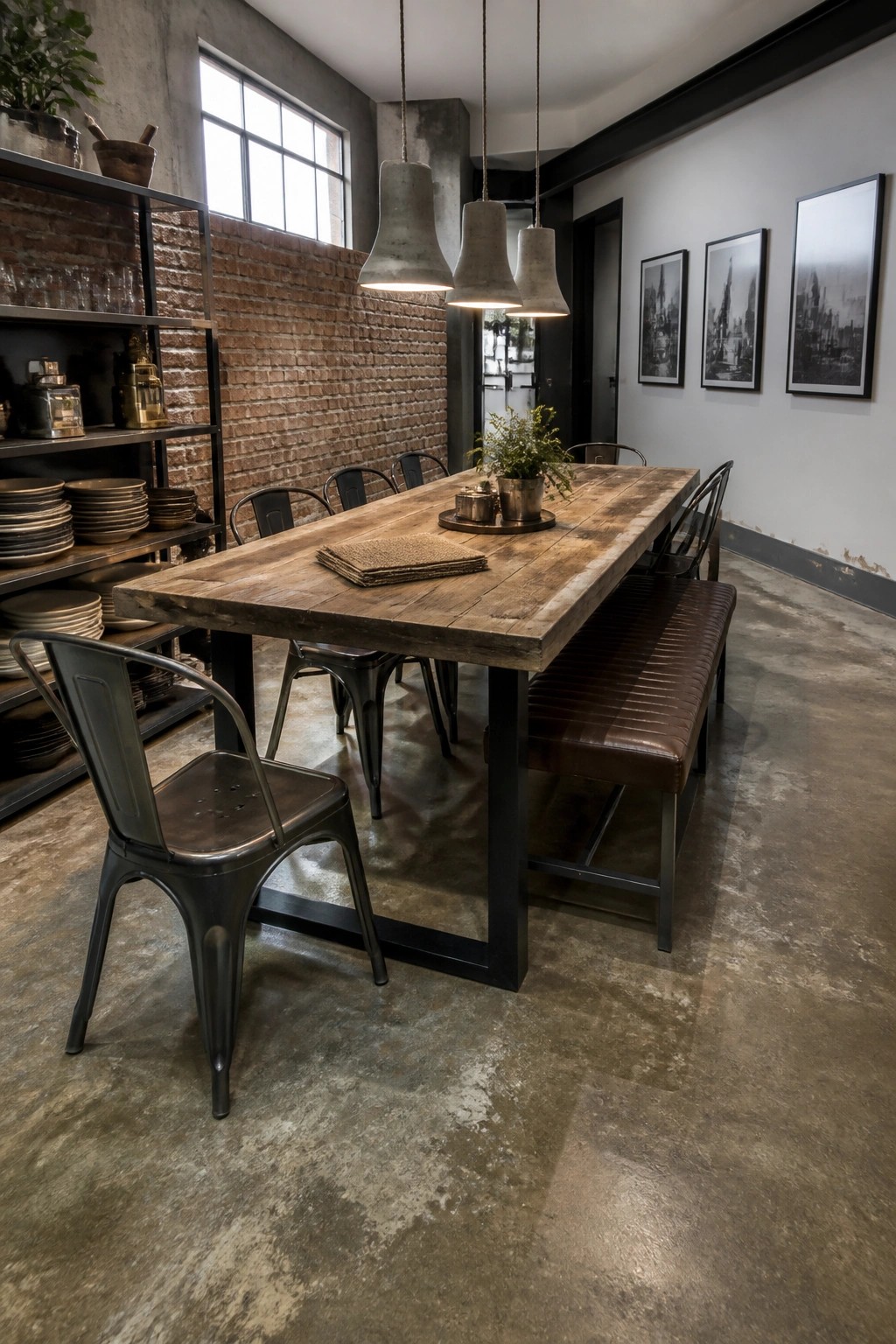 A long reclaimed wood dining table with metal chairs and three concrete pendant lights in a room featuring concrete floors, a brick wall, and framed black and white prints.