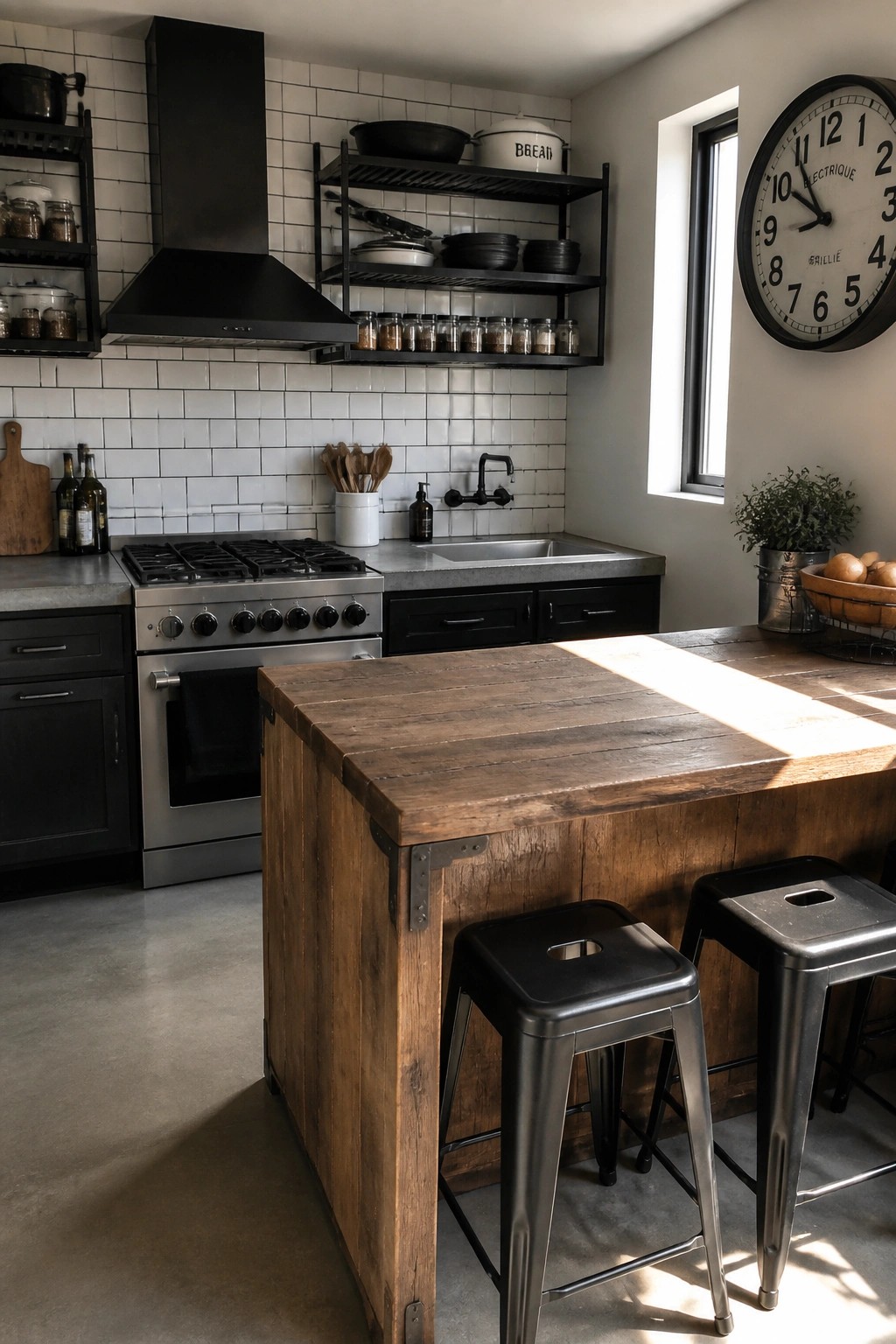 A kitchen interior featuring a large reclaimed wood island with two black metal stools, a stainless steel range, black cabinets, white subway tile backsplash, and concrete flooring.