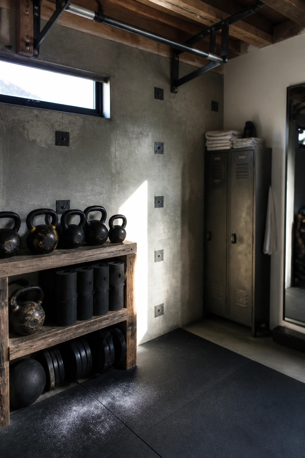 Kettlebells on wooden shelves in concrete gym with lockers, mats, and weight plates.