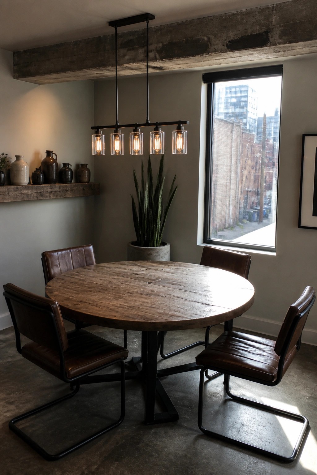 A round reclaimed wood dining table with four brown leather cantilever chairs sits under a black linear pendant light in a room with an exposed concrete beam and floor.
