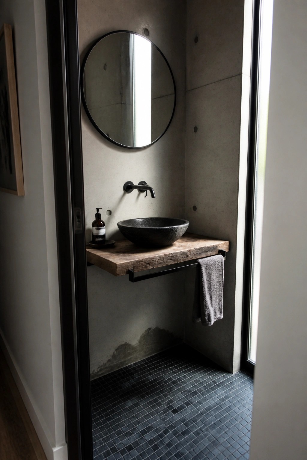 A modern bathroom with concrete walls features a floating reclaimed wood vanity holding a dark stone vessel sink, black faucet, round mirror, and gray towel on a metal bar.