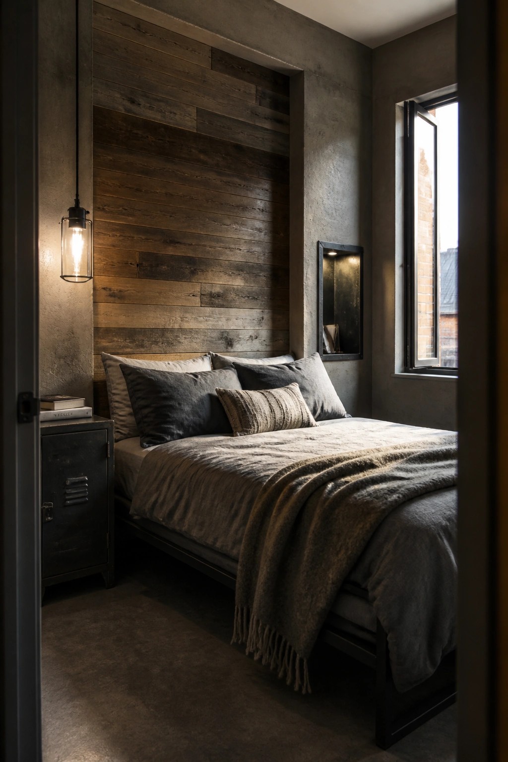 A bedroom interior showing a reclaimed wood accent wall behind the bed, concrete side walls, a dark metal nightstand with books, and a bed dressed in gray and brown linens.